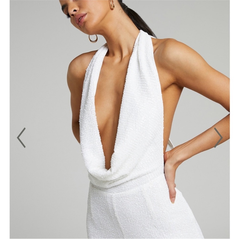 ShowPo JULIEN JUMPSUIT - BACKLESS WIDE LEG COWL NECK SEQUIN JUMPSUIT IN WHITE